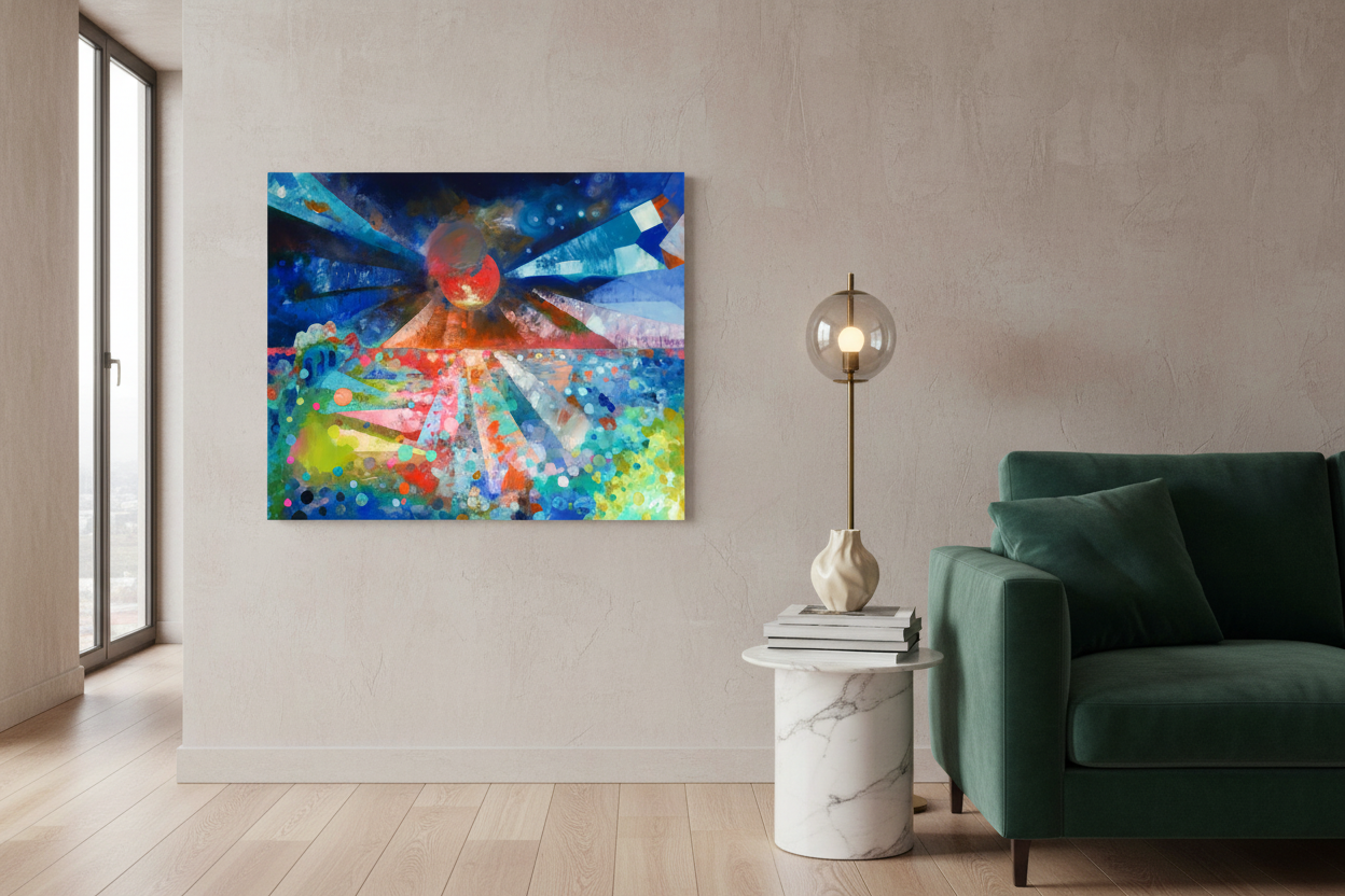 Stylish interior with abstract painting close-up